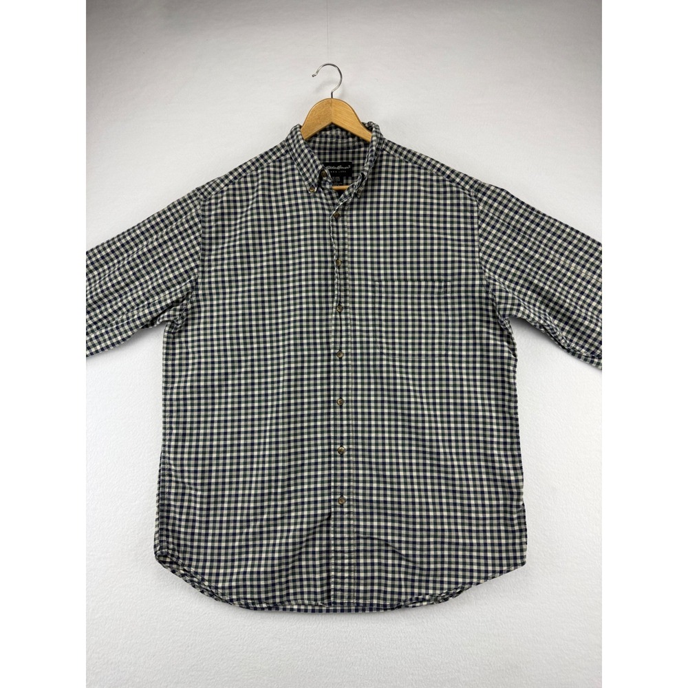 Eddie Bauer Button Down Shirt Mens Large Tall Navy Green Gingham Plaid Cotton